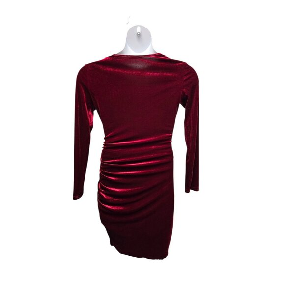 GUBERRY Womens Medium Burgundy Wine Velvet Faux Wrap Bodycon Dress Ruched Side - Picture 3 of 7